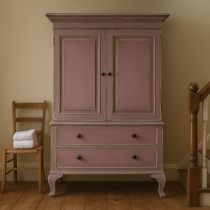 Vintage-style wardrobe with two doors and two drawers in a room with wooden floor and chair.