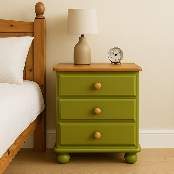 Green nightstand with wooden top next to a bed in a bedroom setting