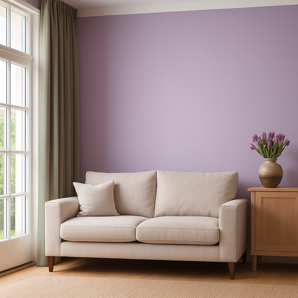 Statement wall in colour Thistle styled in a modern living room. 